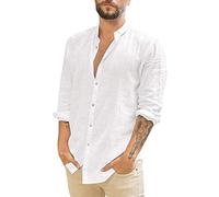 Linen Shirts for Men - Mens Overshirt Button Down, Casual Men Shirts Long Sleeve, Lightweight Beach Shirt, Summer Solid Color Jacket Tops, Grandad Collar Shirt Regular Fit, Simple Work Tops