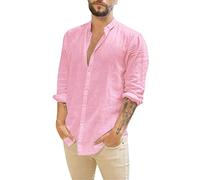 Linen Shirts for Men - Mens Overshirt Button Down, Casual Men Shirts Long Sleeve, Lightweight Beach Shirt, Summer Solid Color Jacket Tops, Grandad Collar Shirt Regular Fit, Simple Work Tops