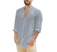 Linen Shirts for Men - Mens Overshirt Button Down, Casual Men Shirts Long Sleeve, Lightweight Beach Shirt, Summer Solid Color Jacket Tops, Grandad Collar Shirt Regular Fit, Simple Work Tops