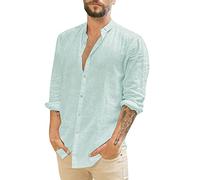 Linen Shirts for Men - Mens Overshirt Button Down, Casual Men Shirts Long Sleeve, Lightweight Beach Shirt, Summer Solid Color Jacket Tops, Grandad Collar Shirt Regular Fit, Simple Work Tops