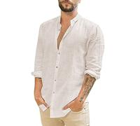 Linen Shirts for Men - Mens Overshirt Button Down, Casual Men Shirts Long Sleeve, Lightweight Beach Shirt, Summer Solid Color Jacket Tops, Grandad Collar Shirt Regular Fit, Simple Work Tops