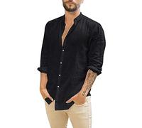 Linen Shirts for Men - Mens Overshirt Button Down, Casual Men Shirts Long Sleeve, Lightweight Beach Shirt, Summer Solid Color Jacket Tops, Grandad Collar Shirt Regular Fit, Simple Work Tops