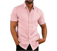 Linen Shirts for Men - Short Sleeve Button Down Casual Hawaiian Blouses - Cotton Linen Regular Fit Holiday Beach Shirt - Solid Henley with Pocket - UK Size 8-22 Clearance