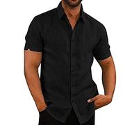 Linen Shirts for Men - Short Sleeve Button Down Casual Hawaiian Blouses - Cotton Linen - Regular Fit - Holiday Beach Shirt - Solid Henley with Pocket - UK Size 8-22