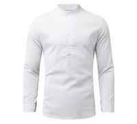 Linen Shirts for Men Solid Color Cotton Linen Shirt Shorts Pullover Stand-Up Collar Casual T-Shirt Half Length Button Down Blouse Adjustable Sleeve Jumpers Tops Autumn Outwear Outdoor Street White