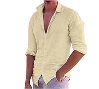 Linen Shirts for Men UK Solid Button Down Long Sleeve Turn Down Shirt Mens Cotton Shirts Office Business Work Shirts Summer Hawaiian Beach Cardigan Casual Loose Fashion Tops S-4XL