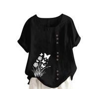 Linen Shirts for Women 2025 Casual Loose Fit Summer Boho Tops Crew Neck Buttons Trendy Short Sleeve Foral Blouses Plus Size Tshirts Going Out Tops Baggy Pullover Streetwear