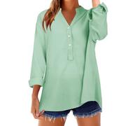 Linen Shirts for Women UK 2025 Summer Short Sleeve Tshirt Fashion Button Down V Neck Blouse Tees Solid Cotton Linen Loose Fit Tops Vacation Lightweight Comfy Clothes Mint Green, XXL