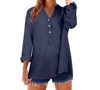 Linen Shirts for Women UK 2025 Summer Short Sleeve Tshirt Fashion Button Down V Neck Blouse Tees Solid Cotton Linen Loose Fit Tops Vacation Lightweight Comfy Clothes Navy, M