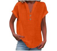 Linen Shirts for Women UK Button Down V Neck Ladies Shirt and Blouses Summer Tee Tops Casual Solid Cotton Linen Tshirt Short Sleeve Loose Plus Size Elegant Womens Blouses d-Orange, XL