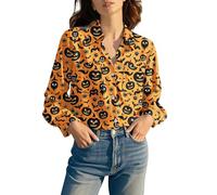 Linen Shirts for Women UK Halloween Pumpkin Print Long Sleeve Button Down Blouses Ladies V Neck Roll Up Collared Loose Plus Size Dressy Tops Casual Business Office Work Tunic Clothes with Pockets