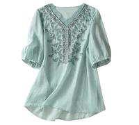 Linen Shirts for Women UK Loose Casual Blouses Cotton Shirts Boho Embroidered Top Short Sleeve Button Tshirt Vintage Tunic Pullover Elegant T Shirts