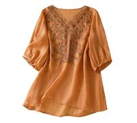 Linen Shirts for Women UK Loose Casual Blouses Cotton Shirts Boho Embroidered Top Short Sleeve Button Tshirt Vintage Tunic Pullover Elegant T Shirts