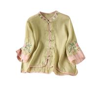 Linen Shirts for Women UK Mandarin Collar Frog Button Blouse Ladies 3/4 Sleeve Floral Embroidered Chinese Style Boho Top Dressy Casual Blouses Loose Fit Flowy Tunic Spring Summer Outfits Green