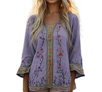 Linen Shirts for Women UK Oversized Bohemian Embroidered Tops Summer 3/4 Sleeve Vintage Loose Elegant Blouses Ladies Beach Leisure Hippie Clothes Retro Floral Pattern Tunics 3XL, Purple Style#1