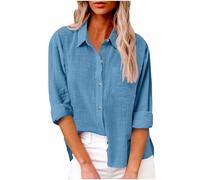Linen Shirts for Women UK Roll Up Long Sleeve Collared Tops Casual Button Down Shirts Summer Fall Loose T-Shirt Solid Color Basic Tees Dressy Blouse Office Work Ladies Clothes Plus Size Pocket