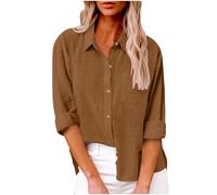 Linen Shirts for Women UK Roll Up Long Sleeve Collared Tops Casual Button Down Shirts Summer Fall Loose T-Shirt Solid Color Basic Tees Dressy Blouse Office Work Ladies Clothes Plus Size Pocket