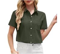 Linen Shirts for Women UK Sale,Ladies Button Down Blouses Solid Color Office Work Shirt Cotton Linen Shirt Short Sleeve Elegant Casual Loose V Neck Tunic Tops Clearance Summer Collared Neck Shirts