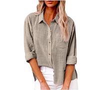 Linen Shirts for Women UK Solid Button Down Shirts Long Sleeve Dressy Roll Up Tops Summer Lapel Neck Elegant Tops Business Casual Office Work Loose Blouse Top Pocket Tees Shirt Oversized S-5XL Deals