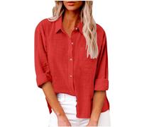Linen Shirts for Women UK Solid Button Down Shirts Long Sleeve Dressy Roll Up Tops Summer Lapel Neck Elegant Tops Business Casual Office Work Loose Blouse Top Pocket Tees Shirt Oversized S-5XL Deals