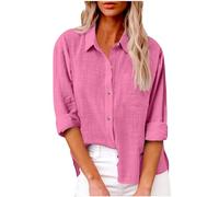 Linen Shirts for Women UK Solid Button Down Shirts Long Sleeve Dressy Roll Up Tops Summer Lapel Neck Elegant Tops Business Casual Office Work Loose Blouse Top Pocket Tees Shirt Oversized S-5XL Deals
