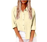 Linen Shirts for Women UK Solid Button Down Shirts Long Sleeve Dressy Roll Up Tops Summer Lapel Neck Elegant Tops Business Casual Office Work Loose Blouse Top Pocket Tees Shirt Oversized S-5XL Deals