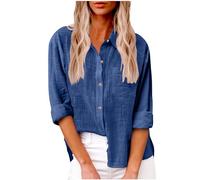 Linen Shirts for Women UK Solid Button Down Shirts Long Sleeve Dressy Roll Up Tops Summer Lapel Neck Elegant Tops Business Casual Office Work Loose Blouse Top Pocket Tees Shirt Oversized S-5XL Deals