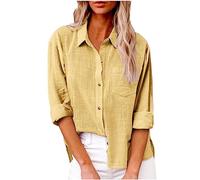 Linen Shirts for Women UK Solid Button Down Shirts Long Sleeve Dressy Roll Up Tops Summer Lapel Neck Elegant Tops Business Casual Office Work Loose Blouse Top Pocket Tees Shirt Oversized S-5XL Deals