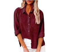 Linen Shirts for Women UK Solid Button Down Shirts Long Sleeve Dressy Roll Up Tops Summer Lapel Neck Elegant Tops Business Casual Office Work Loose Blouse Top Pocket Tees Shirt Oversized S-5XL Deals