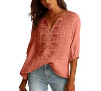 Linen Shirts for Women UK V Neck Button Front Embroidered 3/4 Sleeve Tunic Cotton Linen Oversized Blouses Summer Gauze Casual Loose Fit Capsule Wardrobe Breathable Elegant Vintage Vacation Work Tops