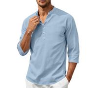 Linen Shirts Men 3/4 Sleeved Summer Cotton T-Shirt Classic Regular Fit Tops with Button Lightweight Breathable Comfy Basic Shirts Simple Versatile Tops for Men Lounge Wear(B-Sky Blue,XXL)