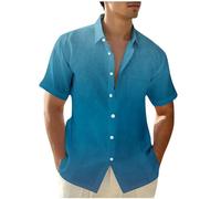 Linen Shirts Men Gradient Short Sleeve Button Down Casual Shirts Summer Lapel Blouses Tie-dye Cotton Linen Shirt Regular Fit Holiday Beach Shirt Solid Henley Shirt with Pocket UK Size 8-22 Clearance