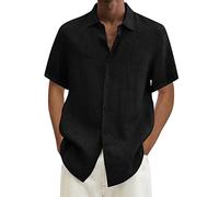 Linen Shirts Men Men's Shirt Mens Long Sleeve Casual Regular Fit Cotton Button Down Hawaiian Holiday Tops Short Sleeved for Adult Vacation Summer Beach UK Black