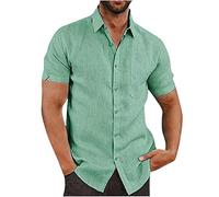 Linen Shirts Men Short Sleeve Button Down Casual Shirts Summer Hawaiian Lapel Blouses Cotton Linen Shirt Regular Fit Holiday Beach Shirt Solid Henley Shirt with Pocket UK Size 8-22 Clearance