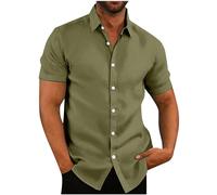 Linen Shirts Men Short Sleeve Button Down Casual Shirts Summer Hawaiian Lapel Blouses Cotton Linen Shirt Regular Fit Holiday Beach Shirt Solid Henley Shirt with Pocket UK Size 8-22 Clearance