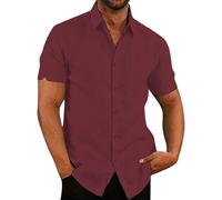 Linen Shirts Men, Short Sleeve Button Down Casual Summer Hawaiian Lapel Blouses Cotton Fit Holiday Beach Solid Shirt with Pocket (Red#1,XL)