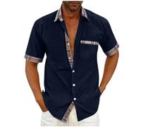 Linen Shirts Men Short Sleeve Casual Slim Fit Solid Button Down Lightweight Summer Hawaiian Lapel Blouses Vacation Beach Tops Leisure Outfit Henley Shirt with Pocket UK Clearance