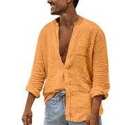 Linen Shirts Men UK Clearance Casual Cotton Linen Shirt Regular Fit Long Sleeve T-Shirts Turn-Down Collar Button Down Tops Plain Grandad Shirt Beach Shirt with Front Pocket Brown