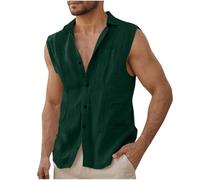Linen Shirts Men UK Clearance,Mens's Sleeveless Button Down Cotton Tshirts Summer Beach Basic Tank Top Muscle Cut Off Slim Fit Casual Work Plain T-Shirt Hawaiian Tee Vests Tops Green