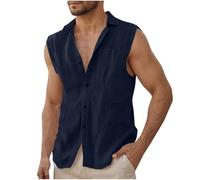 Linen Shirts Men UK Clearance,Mens's Sleeveless Button Down Cotton Tshirts Summer Beach Basic Tank Top Muscle Cut Off Slim Fit Casual Work Plain T-Shirt Hawaiian Tee Vests Tops Navy