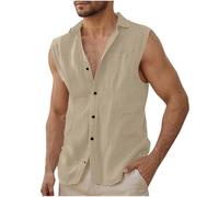 Linen Shirts Men UK Clearance,Mens's Sleeveless Button Down Cotton Tshirts Summer Beach Basic Tank Top Muscle Cut Off Slim Fit Casual Work Plain T-Shirt Hawaiian Tee Vests Tops Khaki