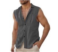 Linen Shirts Men UK Clearance,Mens's Sleeveless Button Down Cotton Tshirts Summer Beach Basic Tank Top Muscle Cut Off Slim Fit Casual Work Plain T-Shirt Hawaiian Tee Vests Tops Gray