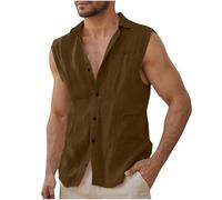 Linen Shirts Men UK Sale Clearance,Mens's Sleeveless Button Down Cotton Tshirts Summer Beach Basic Tank Top Muscle Cut Off Slim Fit Casual Work Plain T-Shirt Hawaiian Tee Vests Tops Brown