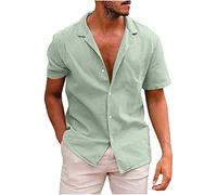 Linen Shirts Men UK Sale Clearance Summer Plain Short Sleeved Shirts Breathable Button Down Cotton Linen Shirts Casual Regular Fit Vacation Beach Shirt Tops Solid Color Blouses Green