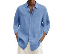 Linen Shirts Mens Button Down Beach Causal Shirts For Men Adult Round Neck-3/4 Length Sleeve Casual Basic Shirt Solid Color Regular Fit Tops Tee Oversized Tropical Holiday Beach Mens Tops Casual Smart