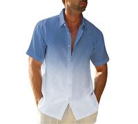 Linen Shirts Men's Colour Gradient Shirt Short Sleeve Men Summer T-Shirts Casual Button Down Beach Shirt, navy blue, L