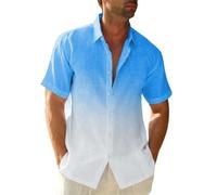 Linen Shirts Men's Colour Gradient Shirt Short Sleeve Men Summer T-Shirts Casual Button Down Beach Shirt, blue, L
