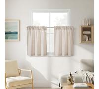Linen Short Curtains 30 Inch Length 2 Panels for Cafe Kitchen Half Window, Light Coffee Tan Beige Semi Sheer Light Filtering Rod Pocket Drapes Boho Farmhouse Window Treatments W34xL30