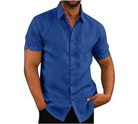 Linen Short Sleeve Button Down Casual Shirt for Men - Summer Hawaiian Lapel Blouse, Cotton Linen Regular Fit for Holiday Beach - Solid Henley With Pocket - UK Size 8-22 Clearance