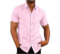 Linen Short Sleeve button down shirt for Men - Casual Summer Hawaiian fit - lapel blouse with pocket - cotton linen, regular fit holiday beach henley shirt - solid, UK size 8-22 - clearance